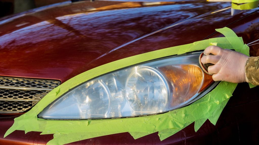 Worker Polishes Optics of Headlights of the Car